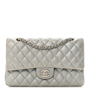 CHANEL Metallic Lambskin Quilted Medium Double Flap Silver