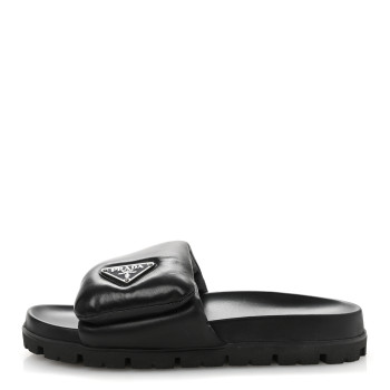 PRADA Nappa Soft Padded Metal Triangle Logo Slide Sandals 36.5 Black