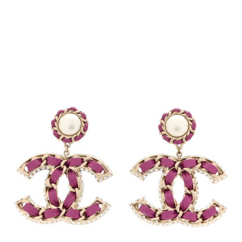 CHANEL Pearl Lambskin Crystal Chain CC Drop Earrings Pink