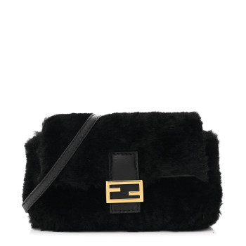 FENDI Shearling Shiny Nappa Micro Baguette Black