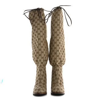 GUCCI Monogram Malaga Kid Lisa Mid Heel Boots 36 Beige Ebony