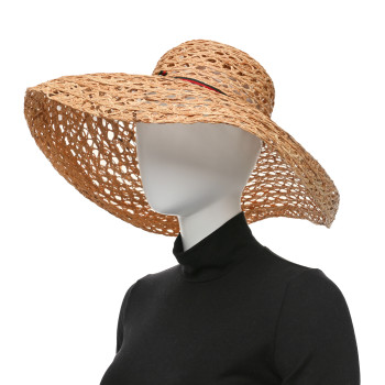 GUCCI Straw Grosgrain Wide Brim Hat M Gold