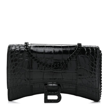 BALENCIAGA Shiny Calfskin Strass Monochrome Crocodile Embossed Hourglass Chain Bag Black