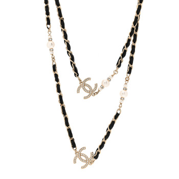 CHANEL Lambskin Pearl CC Long Chain Necklace Black Gold