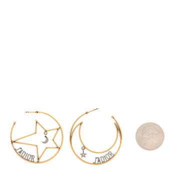 CHRISTIAN DIOR Metal Moon Star J'Adior Asymmetrical Hoop Earrings Gold Palladium
