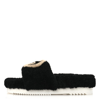 GUCCI Shearling Womens Eileen Slide Sandals 37 Black Butterscotch