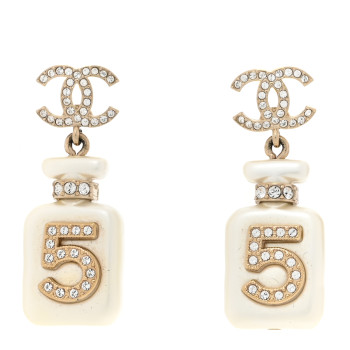 CHANEL Pearl Resin Crystal CC No 5 Perfume Bottle Drop Earrings Gold Pearly White