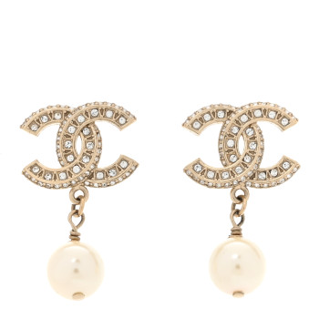 CHANEL Crystal Timeless CC Pearl Drop Earrings Light Gold