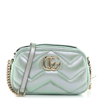 GUCCI Iridescent Nappa Chevron Matelasse Small GG Marmont Chain Shoulder Bag Iridescent Salvy Green