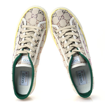 GUCCI Canvas Lame Crystal GG Monogram Womens 1977 Tennis Sneakers 41 Gardenia Silver Mystic White