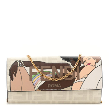 FENDI Glazed Fabric Vitello Liberty FF Logo Bikini Girls Inlay Continental Wallet On Chain Bianco Perla Multicolor