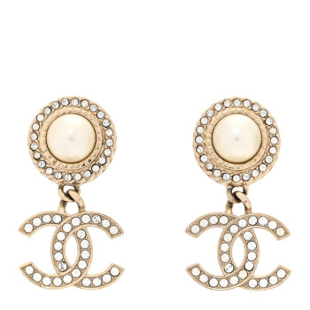 CHANEL Crystal Pearl Bow-tiful CC Drop Earrings Gold