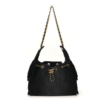 CHANEL Washed Denim Quilted Small Chanel 25 Handbag Black