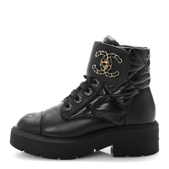 CHANEL Lambskin Calfskin Quilted Lace Up Combat Boots 37 Black