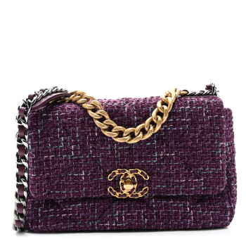 CHANEL Tweed Quilted Medium Chanel 19 Flap Purple