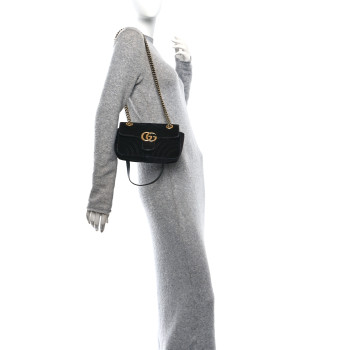 GUCCI Velvet Matelasse Mini GG Marmont Shoulder Bag Black