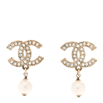 CHANEL Crystal Pearl CC Drop Earrings Gold
