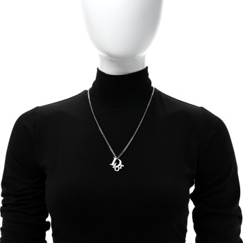 CHRISTIAN DIOR Crystal Logo Necklace Silver