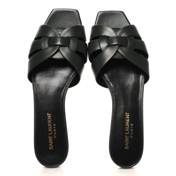 SAINT LAURENT Calfskin Tribute 05 Slide Sandals 37.5 Vert Fonce