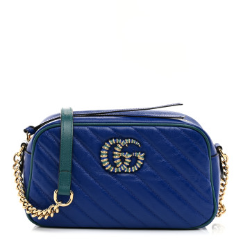 GUCCI Azalea Calfskin Enamel Matelasse Diagonal Small Torchon GG Marmont Chain Shoulder Bag Imperial Blue Pavone