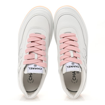 CHANEL Calfskin Womens CC Sneakers 39.5 White Pink