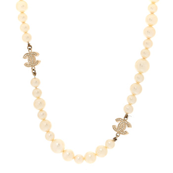 CHANEL Pearl Crystal Baguette CC Short Necklace Gold