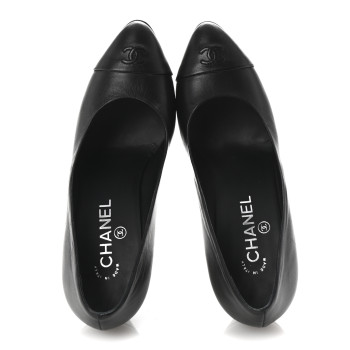 CHANEL Lambskin CC Cap Toe Platform Chain Pumps 39 Black