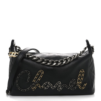 CHANEL Calfskin Chain 20s Signature Hobo Black