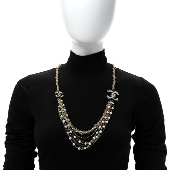 CHANEL Pearl Crystal CC Braided Multi Strand Necklace Gold Black