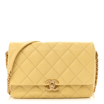 CHANEL Shiny Caviar Quilted Large Chain Melody Flap Yellow