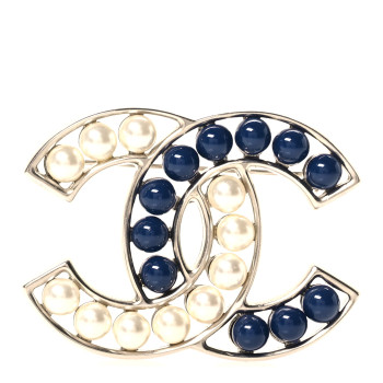 CHANEL Pearl CC Brooch Blue Silver