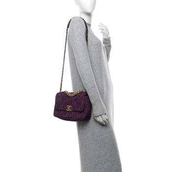 CHANEL Tweed Quilted Medium Chanel 19 Flap Purple