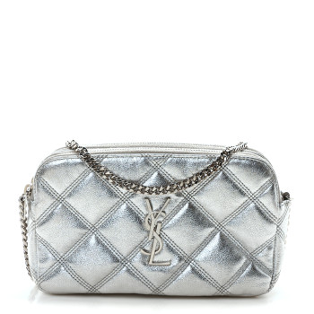 SAINT LAURENT Metallic Lambskin Quilted Mini Becky Double Zip Bag Argento