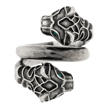 GUCCI Tiger Head Swarovski Crystals Ring 15 Silver Green