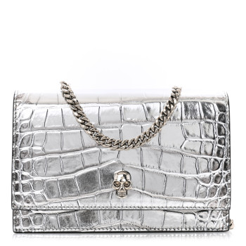 ALEXANDER MCQUEEN Metallic Calfskin Crocodile Embossed Skull Mini Shoulder Bag Silver