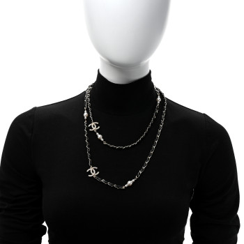 CHANEL Lambskin Pearl CC Long Chain Necklace Black Gold