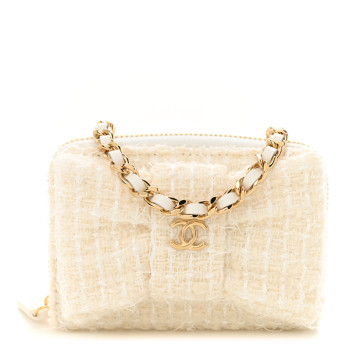 CHANEL Tweed Quilted Bow Flap Card Holder On Chain White