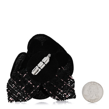 CHANEL Tweed Fabric Camellia Pin Brooch Black Pink