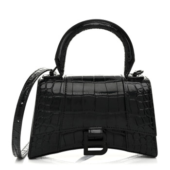 BALENCIAGA Shiny Calfskin Monochrome Crocodile Embossed Hourglass Top Handle Bag XS Black
