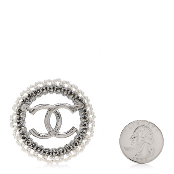 CHANEL Crystal Pearl CC Round Brooch Silver