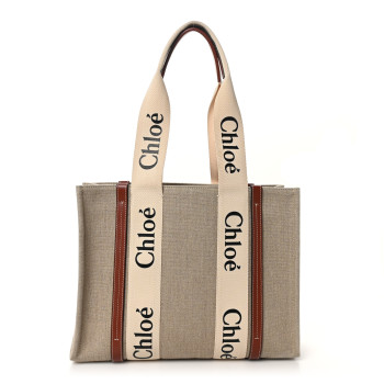CHLOE Linen Calfskin Medium Woody Ribbon Tote White Brown