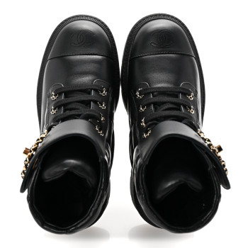 CHANEL Lambskin Calfskin Quilted Lace Up Combat Boots 37 Black