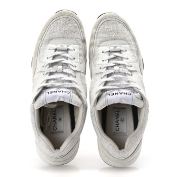 CHANEL Painted Iridescent Cotton Tweed Suede Womens CC Sneakers 41 White Silver Multicolor