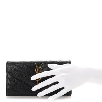 SAINT LAURENT Grain De Poudre Matelasse Chevron Monogram Flap Wallet Black