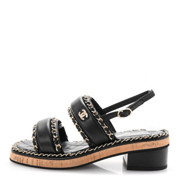 CHANEL Lambskin Cork Chain Sandals 36 Black