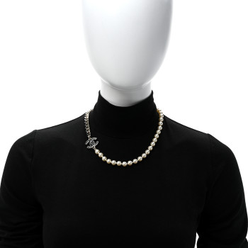 CHANEL Pearl Resin CC Choker Necklace Gold White Black