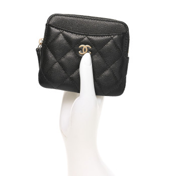CHANEL Caviar Quilted Zip Card Holder Wallet Black