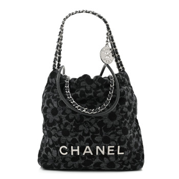 CHANEL Denim Quilted Floral Print Mini Chanel 22 Black Grey