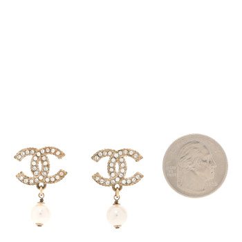 CHANEL Crystal Pearl CC Drop Earrings Gold