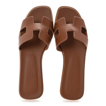 HERMES Box Calfskin Oran Sandals 39 Gold